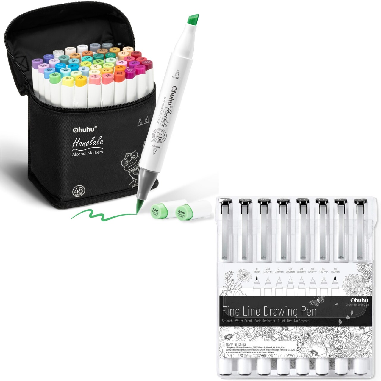Ohuhu Honolulu 48 Colors Brush & Chisel Dual Tip Alcohol Marker Set + 8-size Tips Fineliner Pens